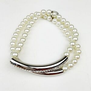 Chico’s Faux Pearl Silver Rhinestones 2 Strand Stretch Bracelet